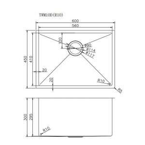 FÜSSEN Collection Handmade Kitchen Sink S/S 600x450x230mm 1.2mm