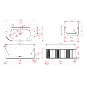 V-Groove 1700mm Right Corner Back to Wall Artemis Fluted Freestanding Matte White Bathtub No Overflow