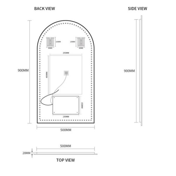 Ovia Arc Frameless 500x900mm Arched Touchless L.E.D Mirror Tri-Color Lighting