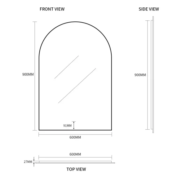 Ovia Arc Frameless 600x900mm Arched Touchless L.E.D Mirror Tri-Color Lighting